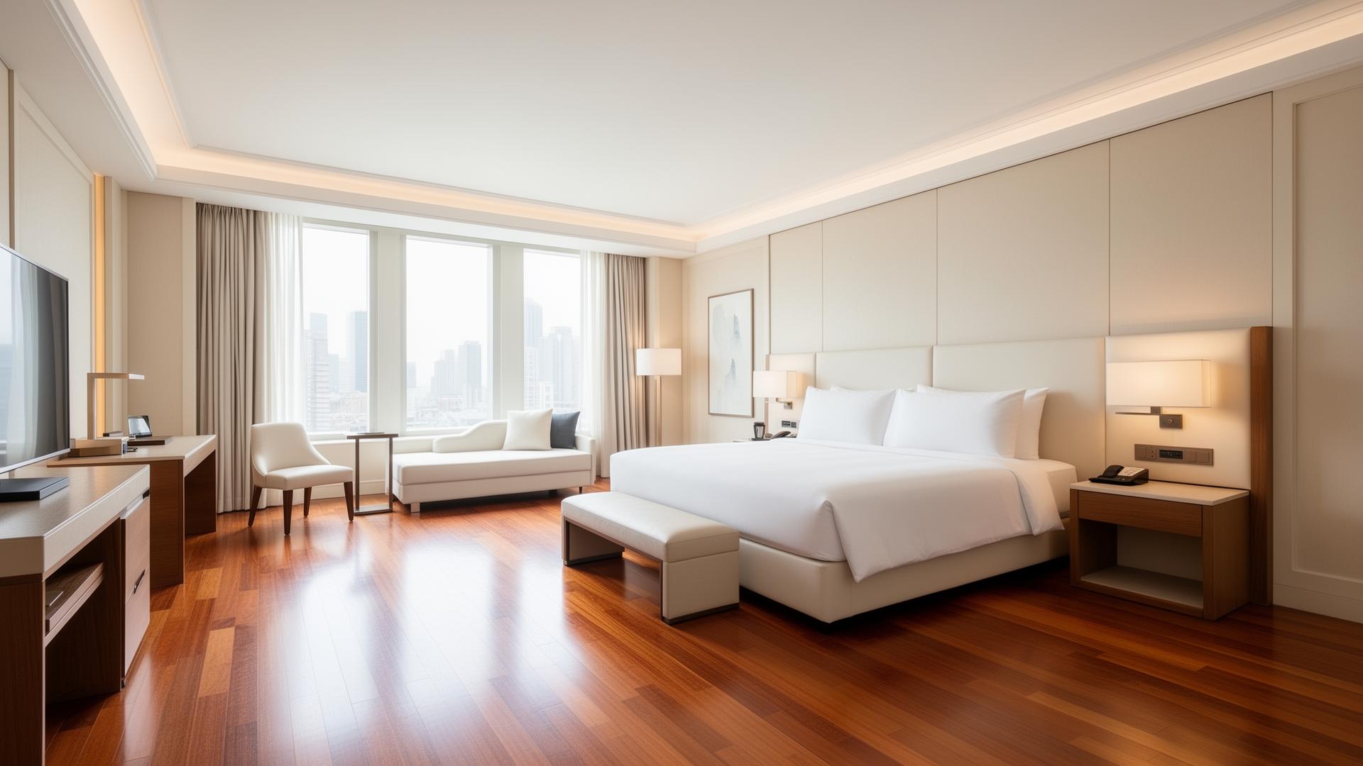 Luxury hotel room with hardwood floors